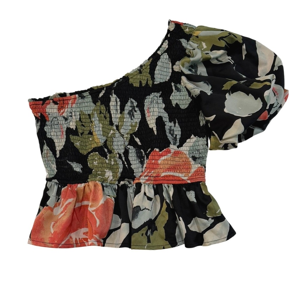 Entro Women's Floral Smocked One Shoulder Puff Sleeve Peplum Crop Top Size Large